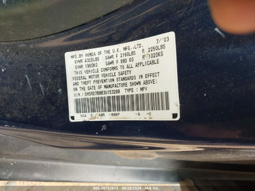 2003 Honda Cr-V Ex VIN: SHSRD78883U153268 Lot: 39752612