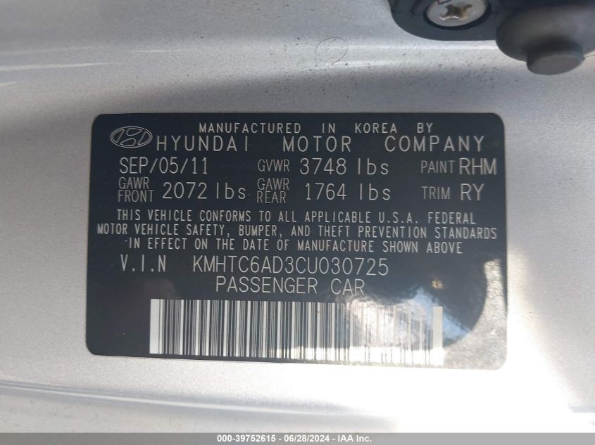 2012 Hyundai Veloster VIN: KMHTC6AD3CU030725 Lot: 39752615