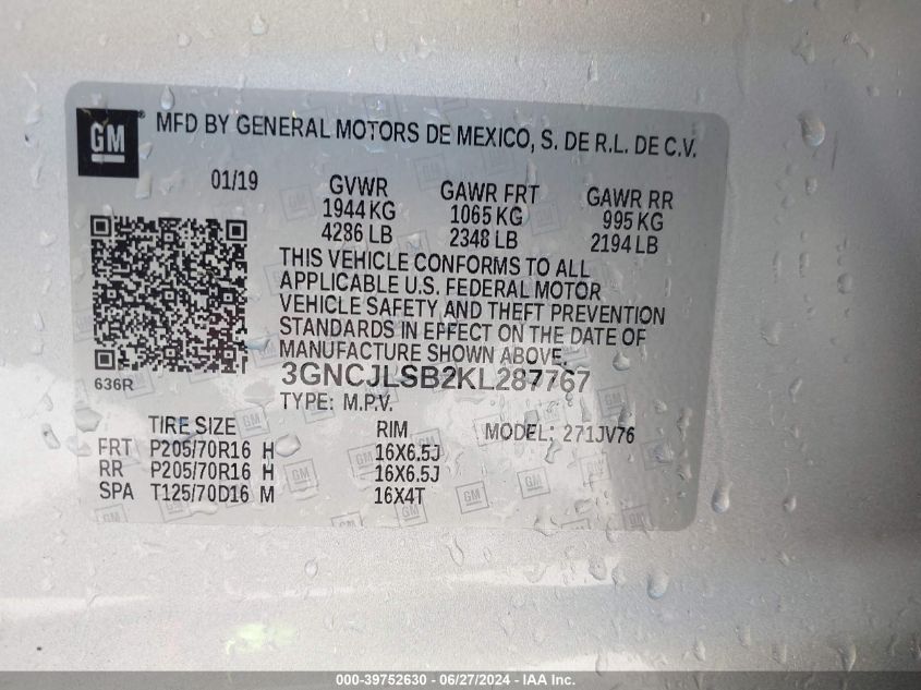 2019 Chevrolet Trax Lt VIN: 3GNCJLSB2KL287767 Lot: 39752630