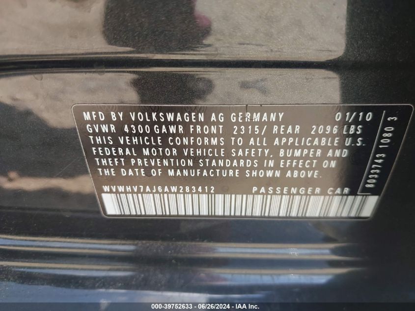 2010 Volkswagen Gti 4-Door VIN: WVWHV7AJ6AW283412 Lot: 39752633