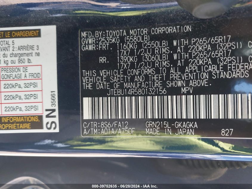 2008 Toyota 4Runner Sr5 V6 VIN: JTEBU14R580132156 Lot: 39752635