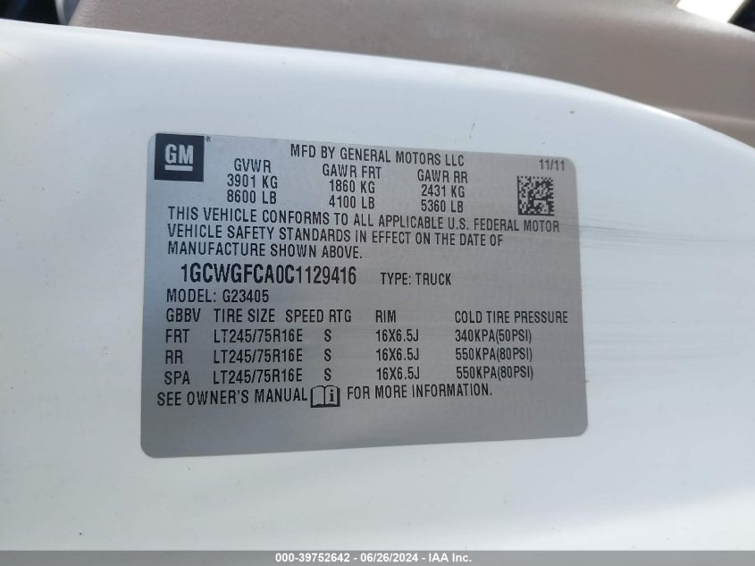 2012 Chevrolet Express 2500 Work Van VIN: 1GCWGFCA0C1129416 Lot: 39752642