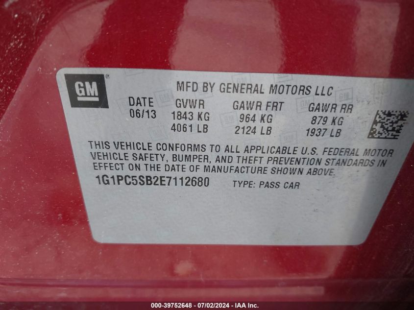 2014 Chevrolet Cruze 1Lt Auto VIN: 1G1PC5SB2E7112680 Lot: 39752648