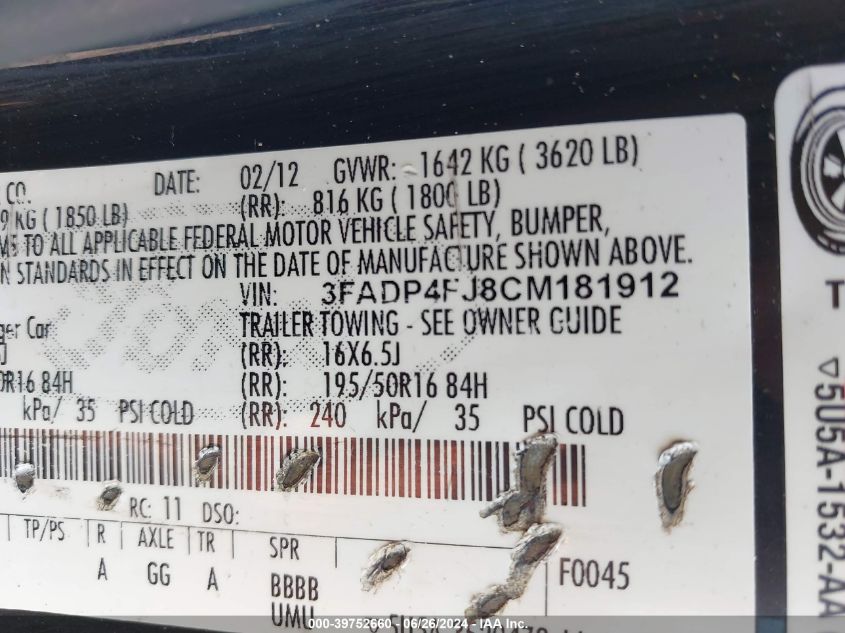 2012 Ford Fiesta Ses VIN: 3FADP4FJ8CM181912 Lot: 39752660