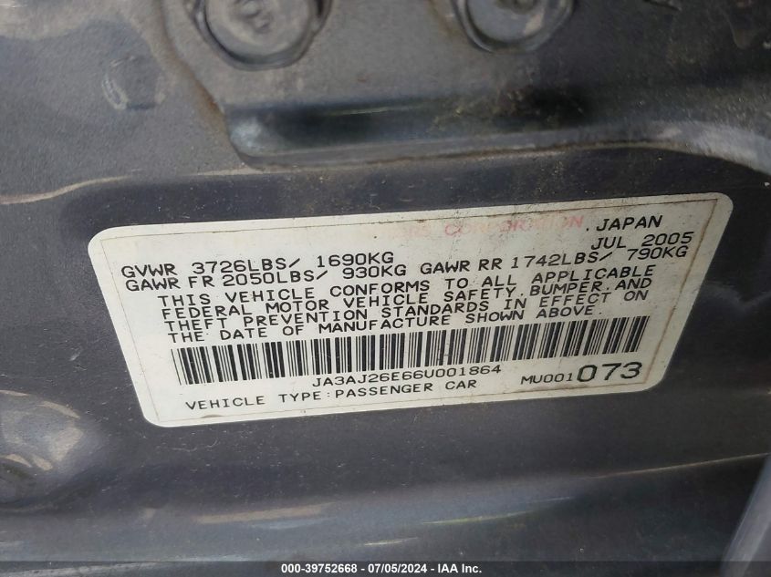 2006 Mitsubishi Lancer Es/Se VIN: JA3AJ26E66U001864 Lot: 39752668