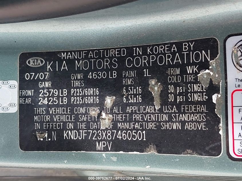 2008 Kia Sportage Ex V6 VIN: KNDJF723X87460501 Lot: 39752677