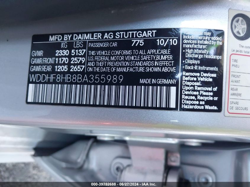 2011 Mercedes-Benz E 350 4Matic VIN: WDDHF8HB8BA355989 Lot: 39752688