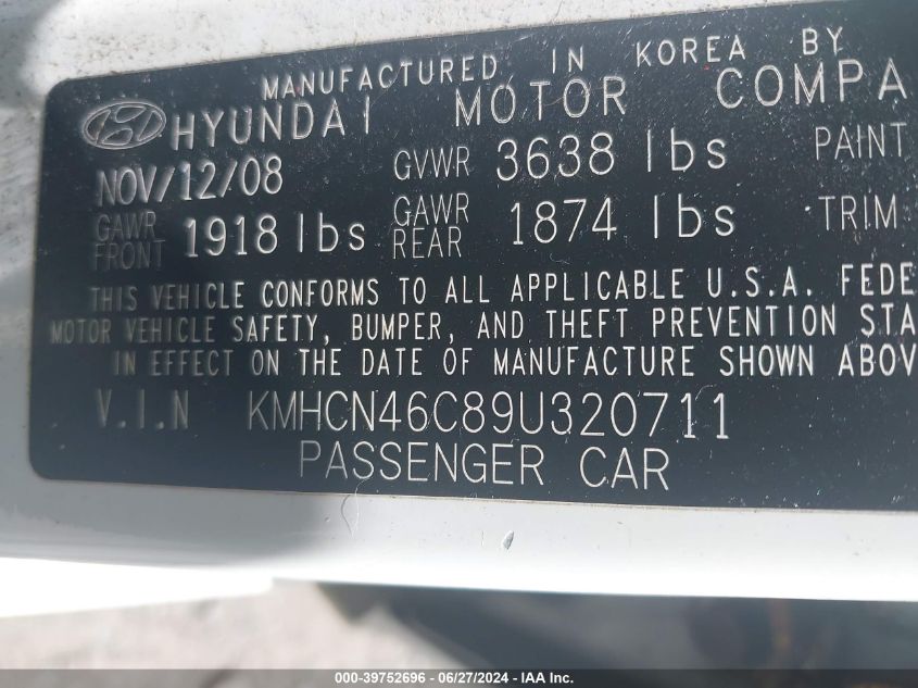 2009 Hyundai Accent Gls VIN: KMHCN46C89U320711 Lot: 39752696