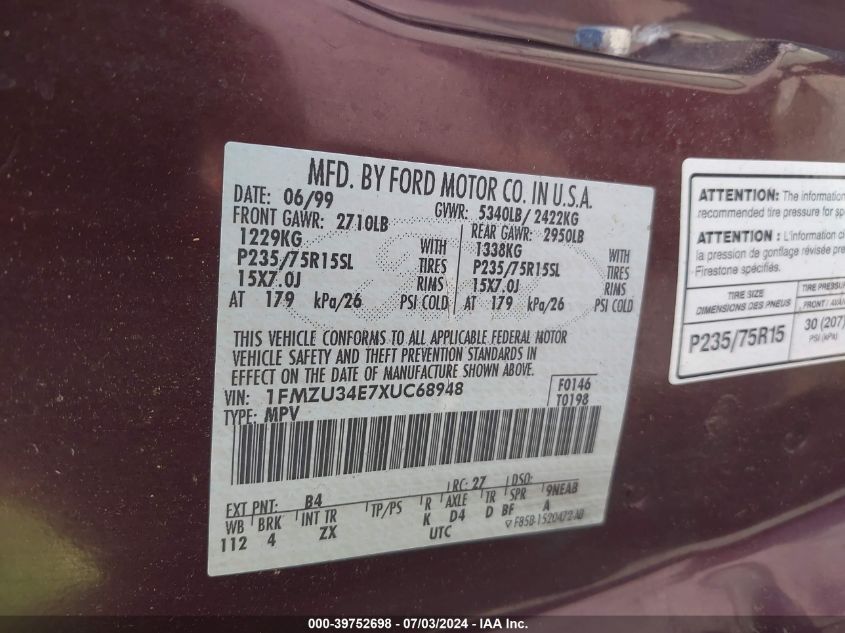 1999 Ford Explorer Eddie Bauer/Limited/Xlt VIN: 1FMZU34E7XUC68948 Lot: 39752698