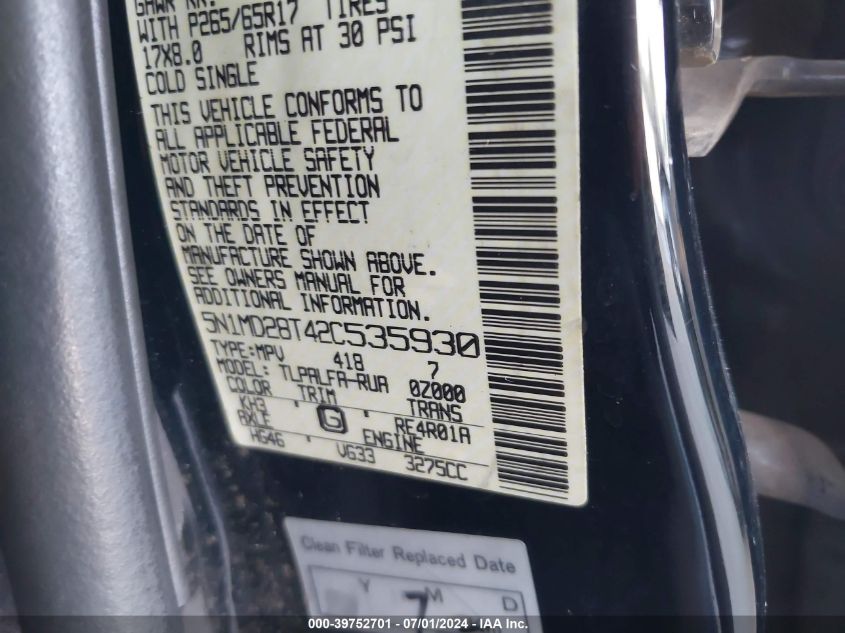 2002 Nissan Xterra Se S/C VIN: 5N1MD28T42C535930 Lot: 39752701