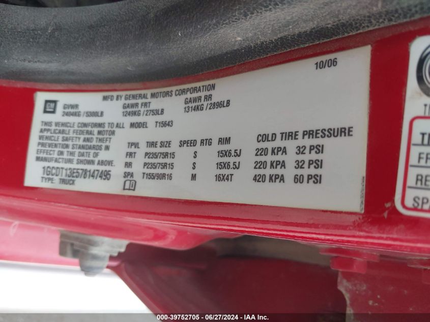 2007 Chevrolet Colorado Lt VIN: 1GCDT13E578147495 Lot: 39752705