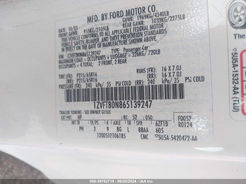 2006 Ford Mustang V6 VIN: 1ZVFT80N865139247 Lot: 39752719