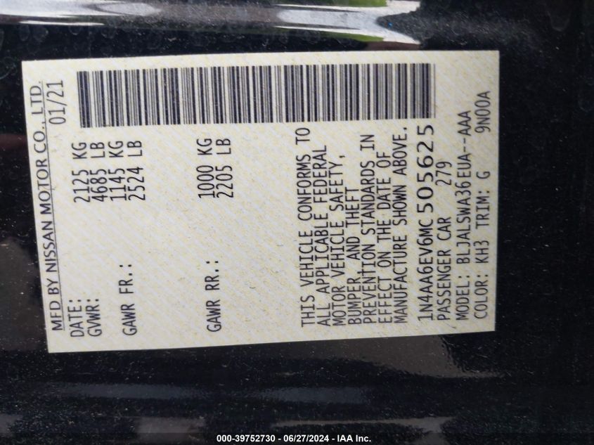 2021 Nissan Maxima Sr VIN: 1N4AA6EV6MC505625 Lot: 39752730