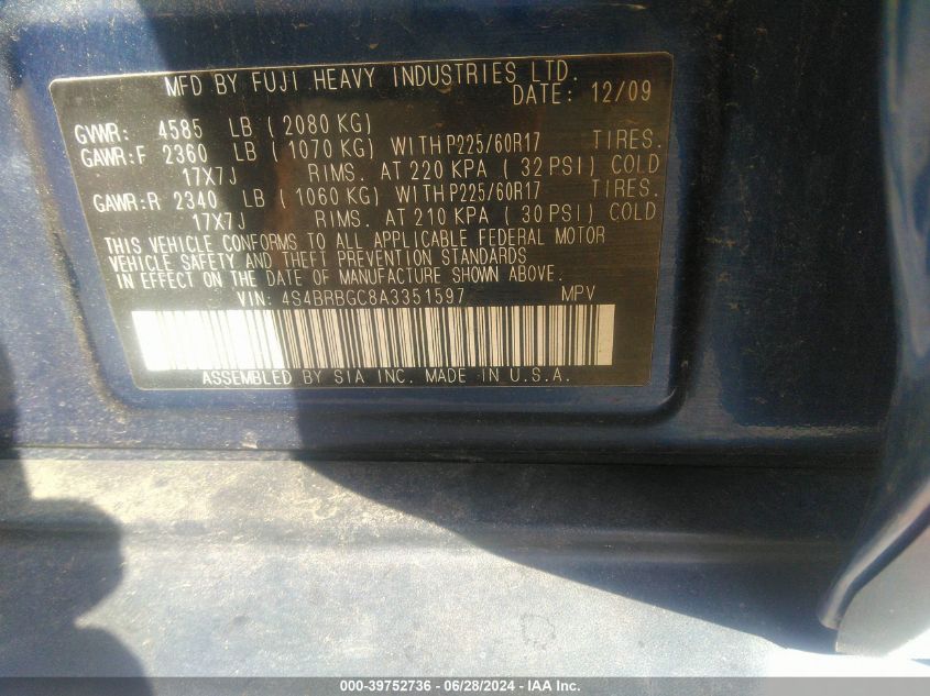 2010 Subaru Outback 2.5I Premium VIN: 4S4BRBGC8A3351597 Lot: 39752736