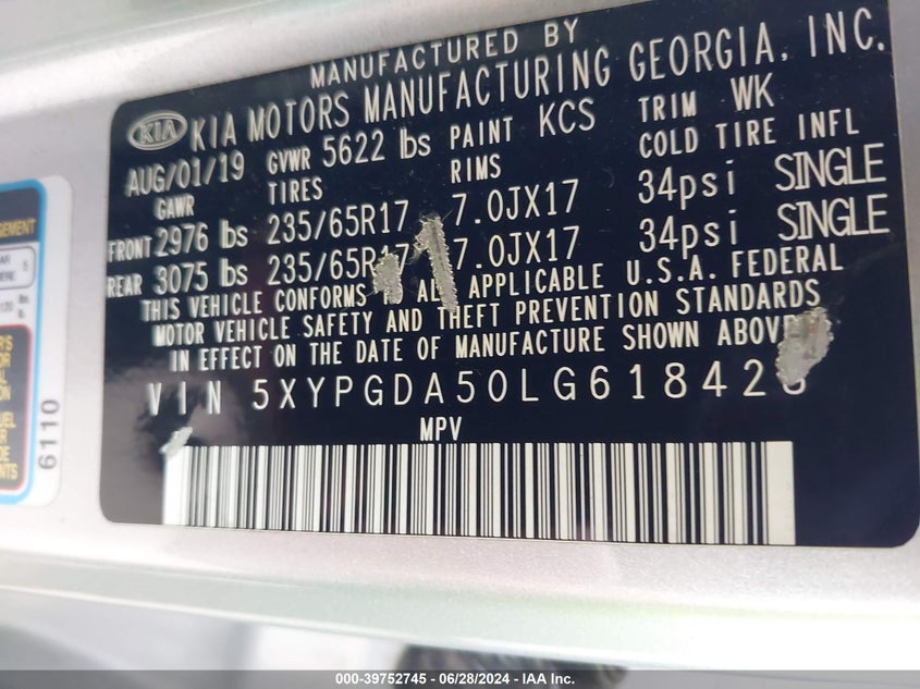 2020 Kia Sorento 3.3L Lx VIN: 5XYPGDA50LG618428 Lot: 39752745