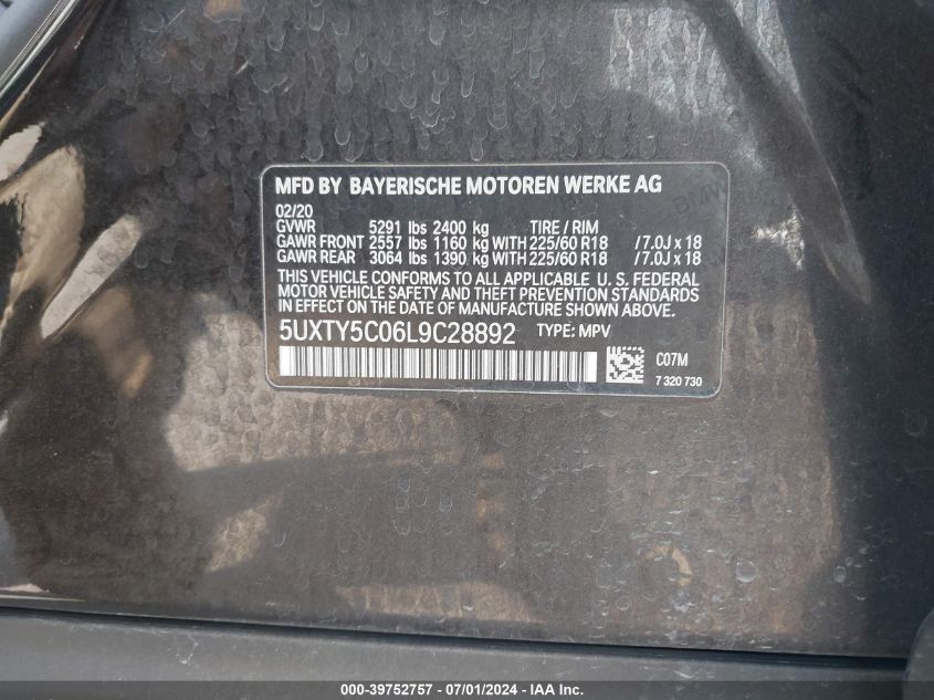 2020 BMW X3 xDrive30I VIN: 5UXTY5C06L9C28892 Lot: 39752757