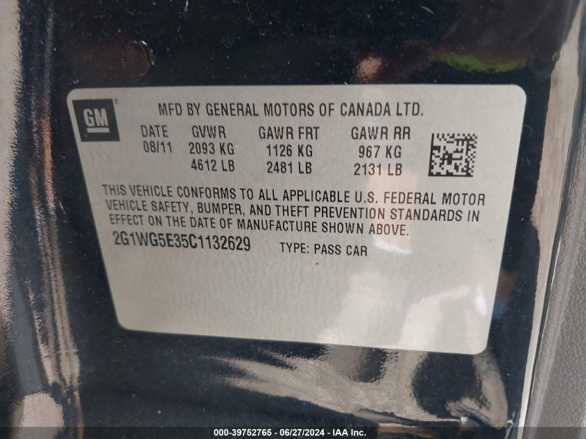 2012 Chevrolet Impala Lt VIN: 2G1WG5E35C1132629 Lot: 39752765