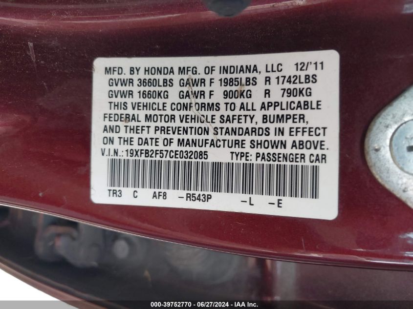 2012 Honda Civic Lx VIN: 19XFB2F57CE032085 Lot: 39752770