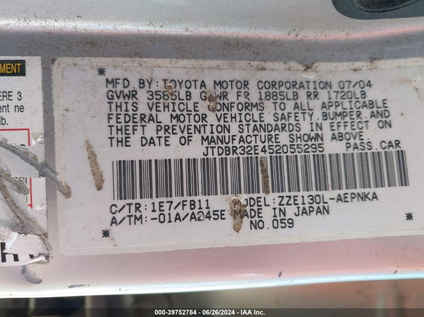 2005 Toyota Corolla Le VIN: JTDBR32E452055295 Lot: 39752784