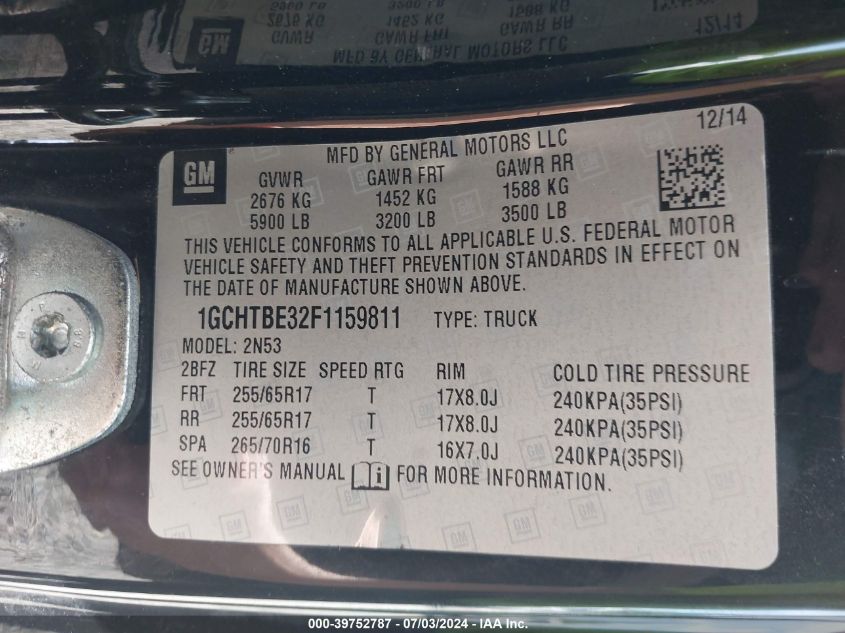 2015 Chevrolet Colorado Lt VIN: 1GCHTBE32F1159811 Lot: 39752787