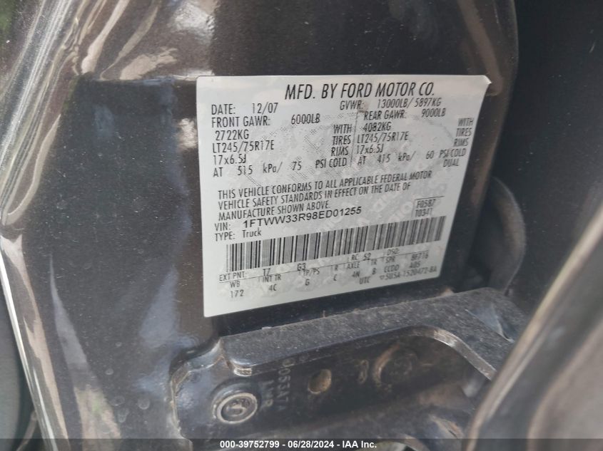 2008 Ford F-350 Super Duty VIN: 1FTWW33R98ED01255 Lot: 39752799