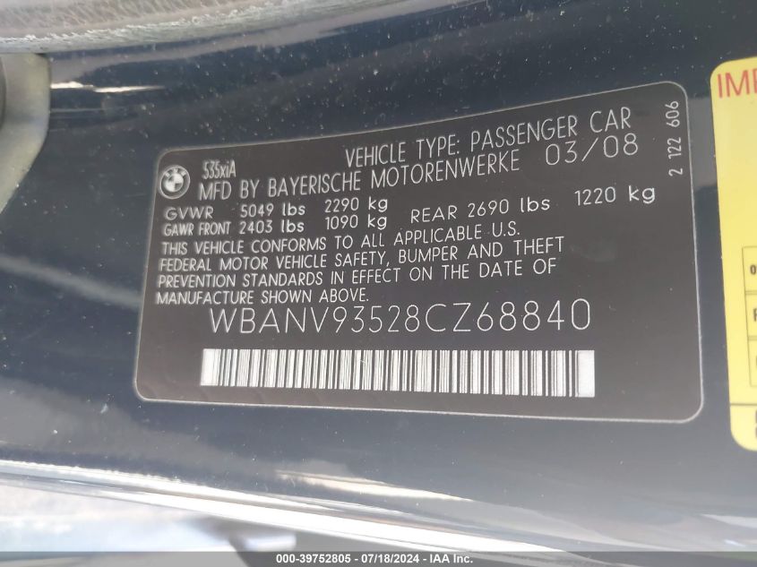 2008 BMW 535Xi VIN: WBANV93528CZ68840 Lot: 39752805