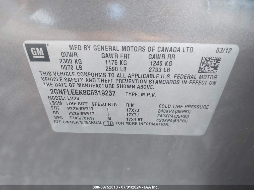 2012 Chevrolet Equinox 1Lt VIN: 2GNFLEEK8C6319237 Lot: 39752810