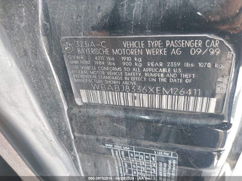 1999 BMW 323Ic VIN: WBABJ8336XEM26411 Lot: 39752816