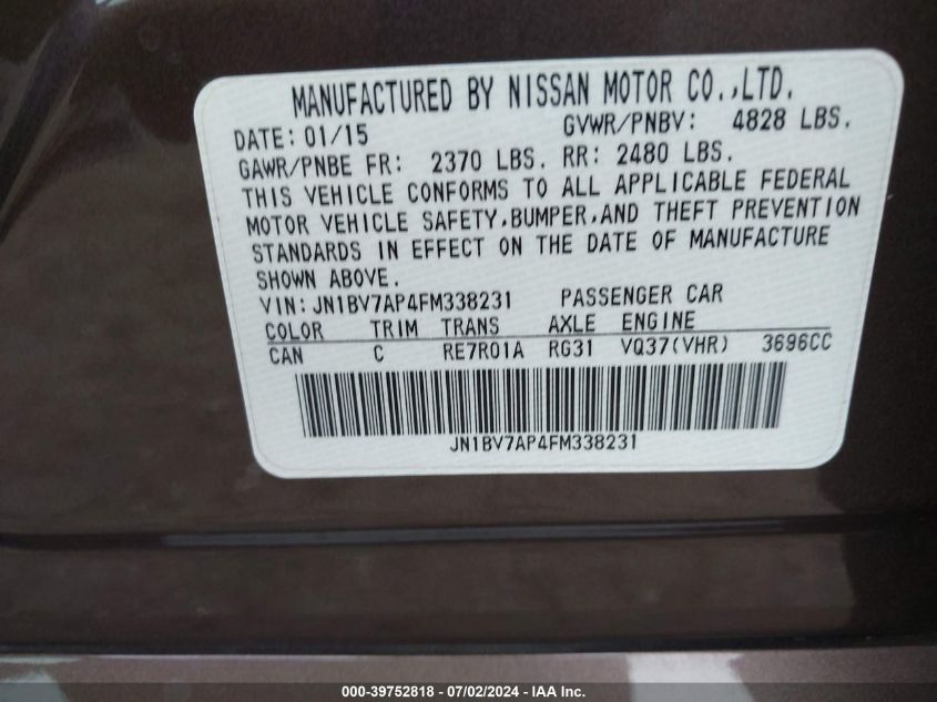 2015 Infiniti Q50 Premium/Sport VIN: JN1BV7AP4FM338231 Lot: 39752818