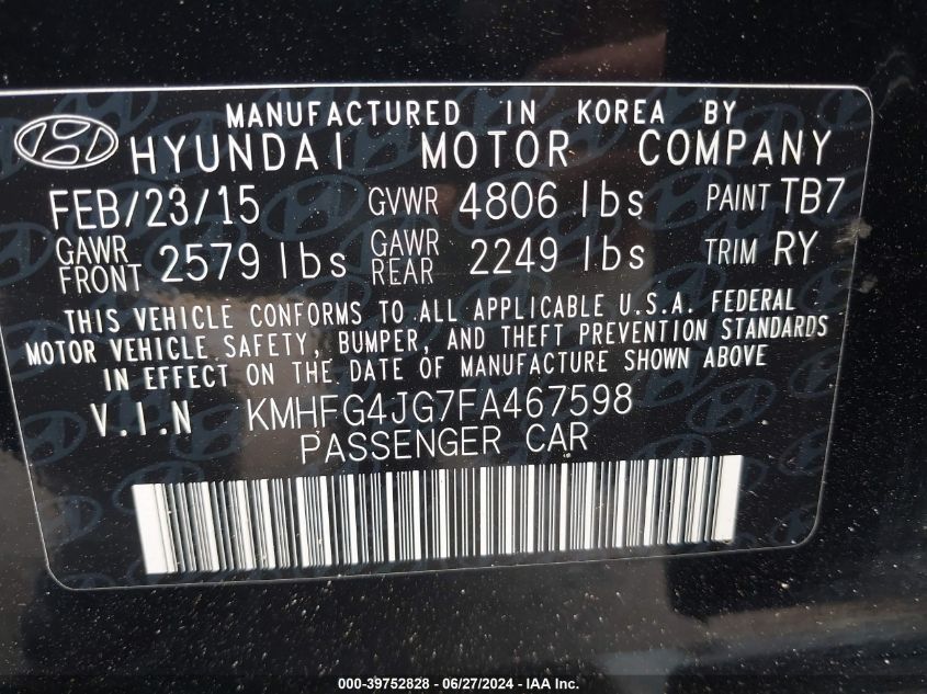 2015 Hyundai Azera VIN: KMHFG4JG7FA467598 Lot: 39752828