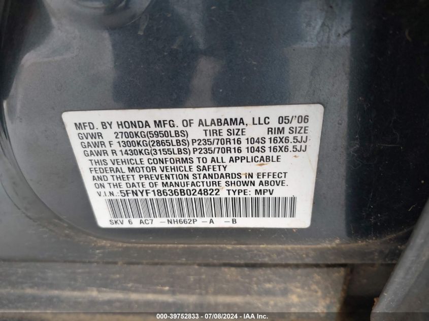 2006 Honda Pilot Ex-L VIN: 5FNYF18636B024822 Lot: 39752833