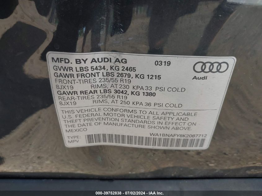 2019 Audi Q5 Premium Plus VIN: WA1BNAFY8K2087712 Lot: 39752838