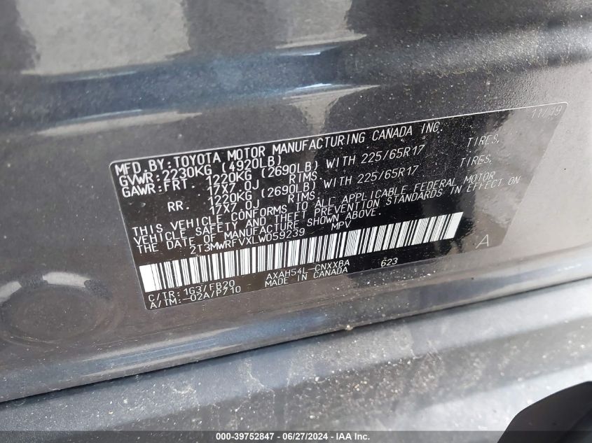2020 Toyota Rav4 Hybrid Le VIN: 2T3MWRFVXLW059239 Lot: 39752847