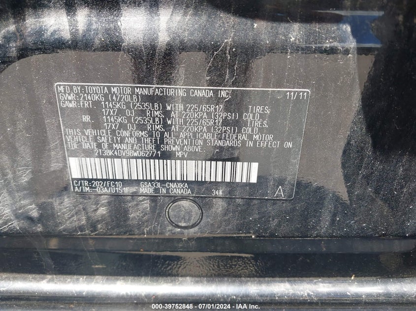 2011 Toyota Rav4 Base V6 VIN: 2T3BK4DV9BW062771 Lot: 39752848