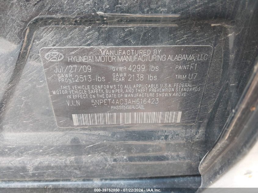 2010 Hyundai Sonata Gls VIN: 5NPET4AC3AH616423 Lot: 39752850