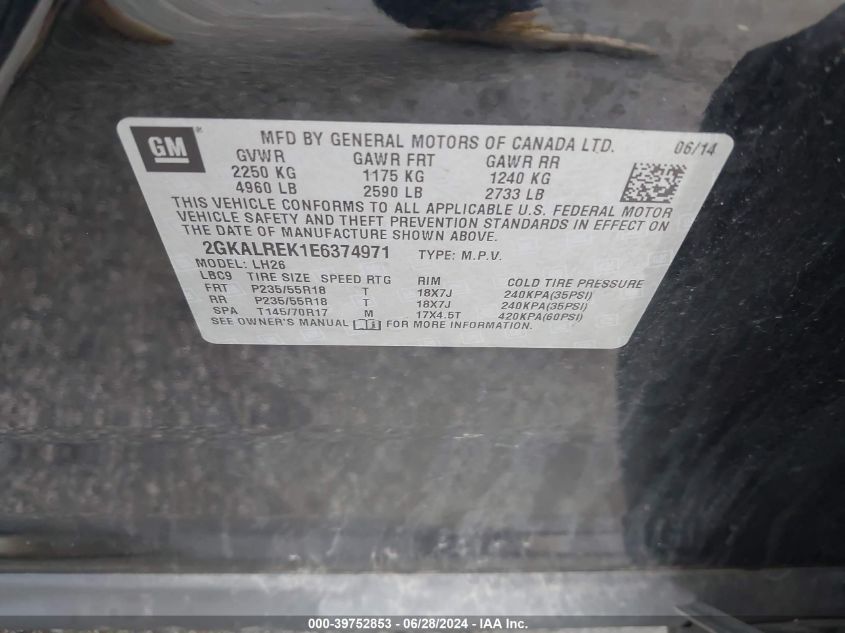 2014 GMC Terrain Sle-2 VIN: 2GKALREK1E6374971 Lot: 39752853