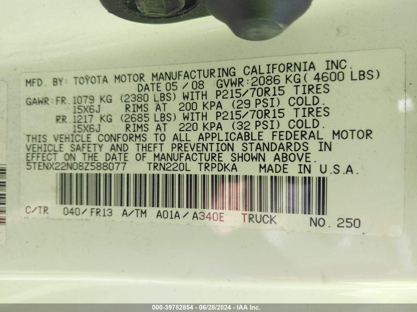 2008 Toyota Tacoma VIN: 5TENX22N08Z588077 Lot: 39752854