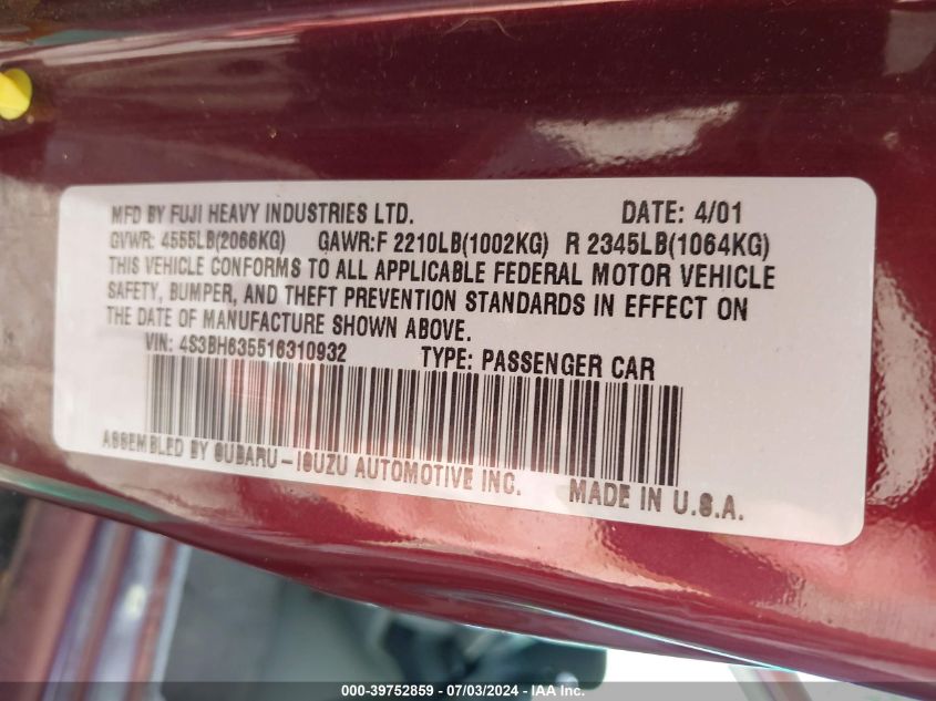 2001 Subaru Legacy L VIN: 4S3BH635516310932 Lot: 39752859