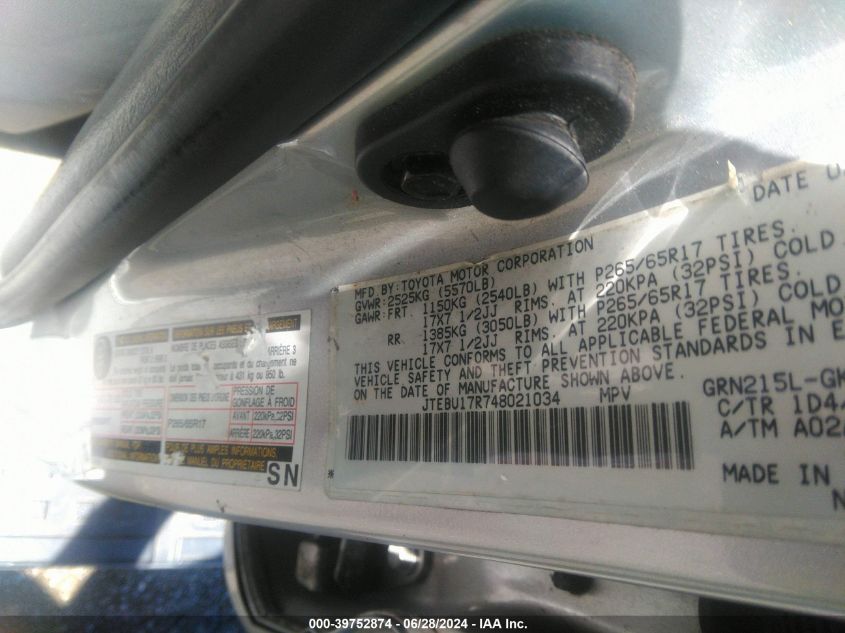 2004 Toyota 4Runner Limited V6 VIN: JTEBU17R748021034 Lot: 39752874