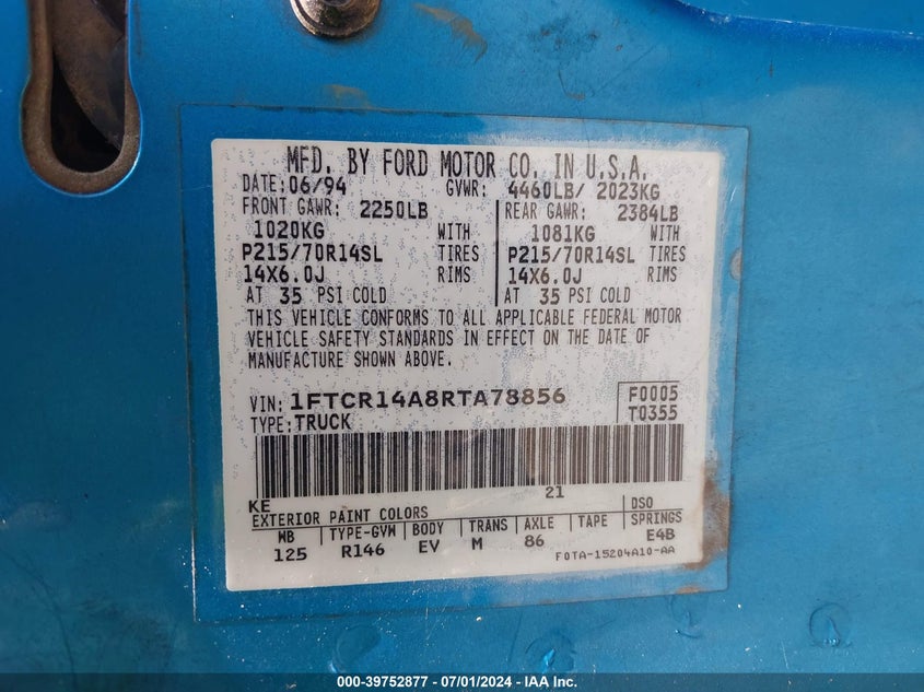 1994 Ford Ranger Super Cab VIN: 1FTCR14A8RTA78856 Lot: 39752877