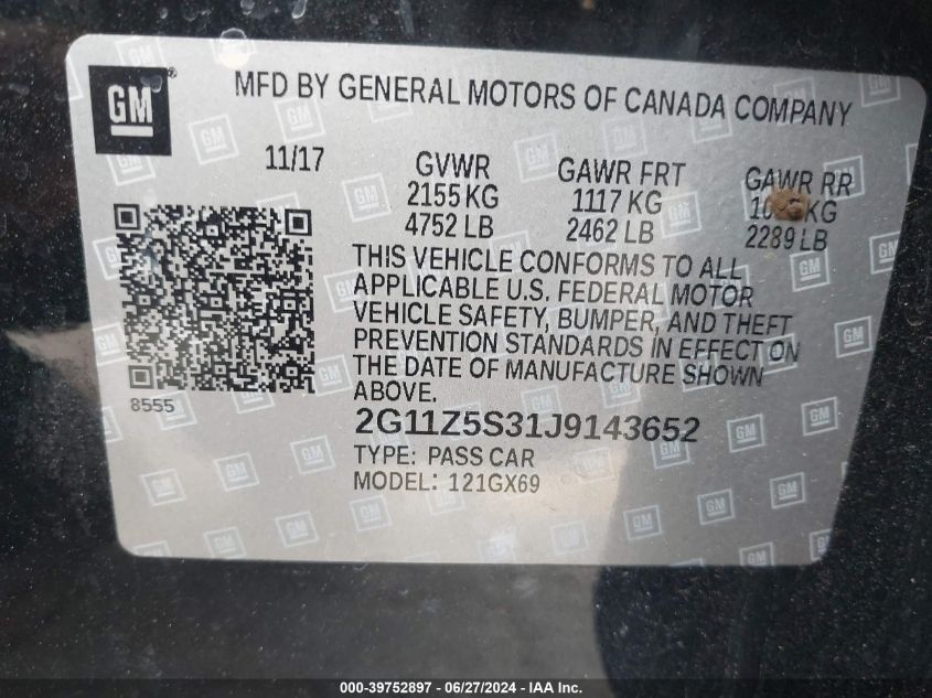 2018 Chevrolet Impala Ls VIN: 2G11Z5S31J9143652 Lot: 39752897
