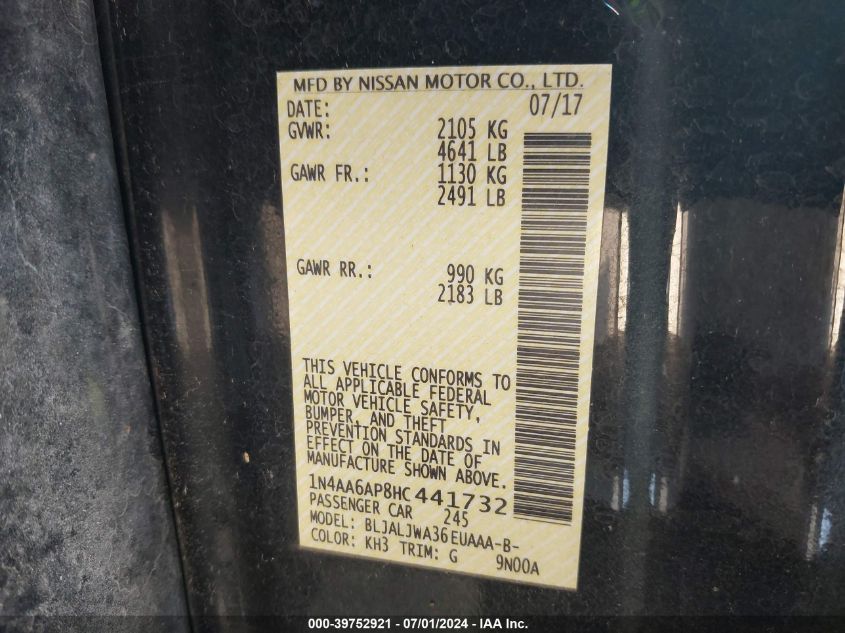 2017 Nissan Maxima 3.5 Sv VIN: 1N4AA6AP8HC441732 Lot: 39752921