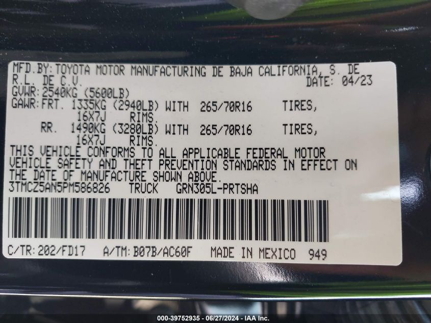 2023 Toyota Tacoma Trd Off Road VIN: 3TMCZ5AN5PM586826 Lot: 39752935