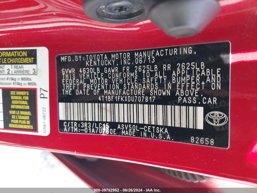 2013 Toyota Camry Se VIN: 4T1BF1FKXDU707817 Lot: 39752952