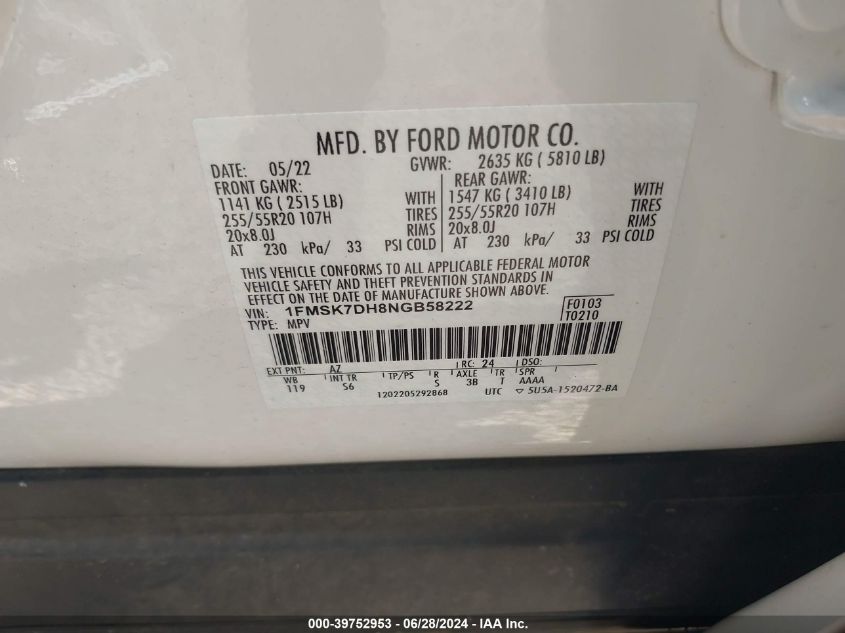 2022 Ford Explorer Xlt VIN: 1FMSK7DH8NGB58222 Lot: 39752953