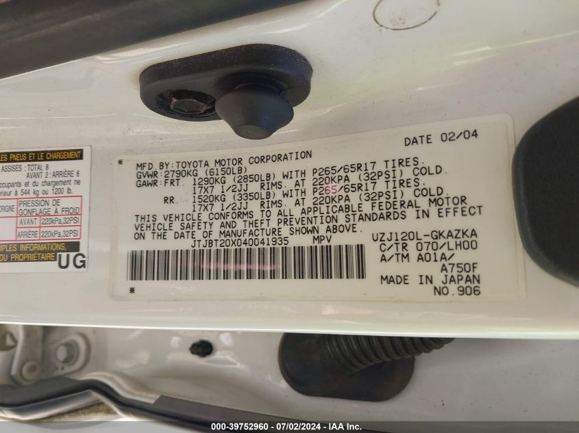 2004 Lexus Gx 470 VIN: JTJBT20X040041935 Lot: 39752960