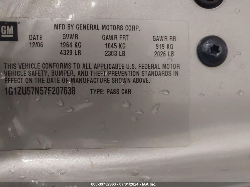 2007 Chevrolet Malibu Ltz VIN: 1G1ZU57N57F207638 Lot: 39752963