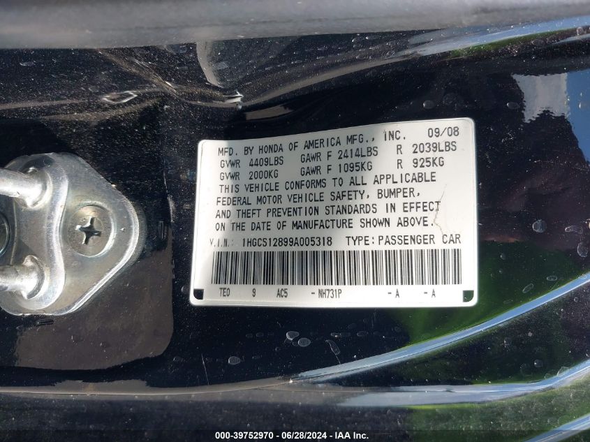 2009 Honda Accord 2.4 Ex-L VIN: 1HGCS12899A005318 Lot: 39752970