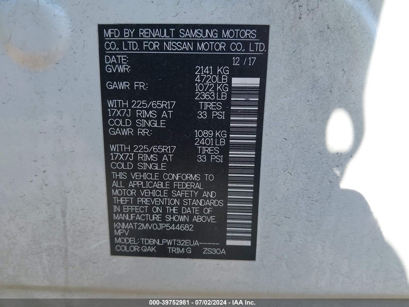 2018 NISSAN ROGUE S/SV - KNMAT2MV0JP544682