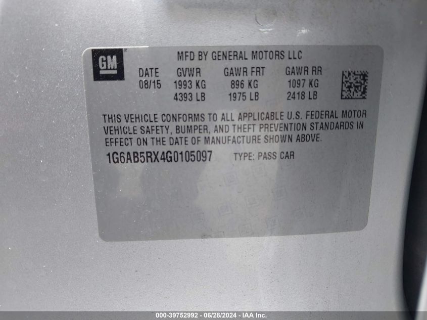 2016 Cadillac Ats Luxury VIN: 1G6AB5RX4G0105097 Lot: 39752992